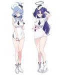  2girls ako_(blue_archive) ash_(cat7evy) bangs bare_legs black_necktie blue_archive blue_eyes blue_hair breasts covering covering_crotch dress full_body hair_between_eyes halo hand_in_own_hair high_heels highres large_breasts long_hair looking_at_viewer microskirt multiple_girls necktie pencil_dress purple_eyes purple_hair short_dress sideboob sidelocks skirt two_side_up white_background white_dress white_footwear yuuka_(blue_archive) 