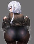  1girl absurdres ass ass_focus black_pantyhose black_skirt black_sweater blue_panties blush close-up clothes_lift dress dress_lift festa11307070 from_behind grey_background grey_hair hakase_fuyuki highres huge_ass lifted_by_self long_hair long_sleeves nijisanji panties panties_under_pantyhose pantyhose polka_dot polka_dot_panties simple_background skirt skirt_lift solo standing steam sweater thighband_pantyhose thong twintails underwear virtual_youtuber 