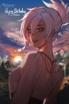  1girl absurdres alternate_costume animal artist_name bird character_name dated grey_shirt grin happy_birthday highres league_of_legends looking_at_viewer looking_back michiii orange_eyes outdoors ponytail riven_(league_of_legends) shirt short_hair smile solo sunset teeth upper_body 