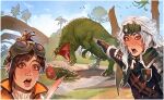  2girls brown_hair deviljho fingerless_gloves gloves goggles goggles_on_head handler_(monster_hunter_world) looking_at_viewer meme monster monster_hunter:_world monster_hunter_(character) monster_hunter_(series) multiple_girls open_mouth pointy_ears quill severed_tail sharp_armpits tail tree two_soyjaks_pointing_(meme) 