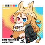  1girl :d animal_ears archetto_(arknights) arknights artist_name black_footwear black_jacket blonde_hair blue_eyes bright_pupils chibi dated dog-san english_text fang hair_ornament hairclip happy_birthday heterochromia highres jacket jacket_on_shoulders lion_ears lion_tail long_hair open_clothes open_jacket red_eyes shirt shoes short_sleeves simple_background skin_fang smile solo tail white_pupils white_shirt 