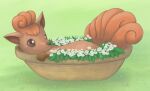  animal_ear_fluff animal_focus basket brown_eyes brown_fur creature flower flower_basket grass green_background in_basket leaf miu_(pixiv358902) multiple_tails no_humans pokemon pokemon_(creature) tail vulpix white_flower 