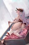  1girl absurdres ass box braid breasts draph feet from_behind gift gift_box granblue_fantasy hair_over_eyes highres horns in_box in_container large_breasts light_purple_hair long_hair lying naked_ribbon narmaya_(granblue_fantasy) on_side pointy_ears profile red_ribbon ribbon sideboob single_braid soles solo thighhighs toes white_thighhighs white_wrist_cuffs yu_pian 