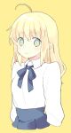  1girl 87banana ahoge alternate_hairstyle artoria_pendragon_(fate) blonde_hair blouse blue_bow blue_skirt bow fate/stay_night fate_(series) green_eyes hair_down saber shirt simple_background skirt solo upper_body white_shirt yellow_background 