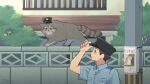  1boy arm_at_side blue_shirt brown_eyes brown_hair buttons cat collared_shirt day hand_up hat hat_tip highres house kojiro337 looking_at_another male_focus missing_poster original outdoors parted_lips police police_hat police_uniform shirt short_hair short_sleeves sign solo stone_wall uniform upper_body utility_pole wall wing_collar 
