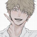  1boy black_necktie blonde_hair chainsaw_man collared_shirt denji_(chainsaw_man) grey_background looking_at_viewer namida_a2 necktie open_mouth sharp_teeth shirt short_hair simple_background smile solo teeth white_shirt yellow_eyes 