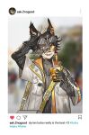  2023 5_fingers aak_(arknights) anthro arknights black_body black_fur black_hair clothed clothing coat container cup domestic_cat ear_piercing felid feline felis fingerless_gloves fingers fur gloves hair handwear hi_res holding_container holding_cup holding_object hypergryph insomnia_elliot instagram looking_at_viewer male mammal piercing solo studio_montagne topwear white_body white_fur 