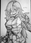  1girl armor crazy_eyes genderswap genderswap_(mtf) greyscale highres korean_text long_hair looking_at_viewer m4skedboi monochrome open_mouth robot scp-529-ko scp_foundation translation_request 