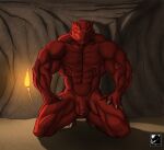  abs anthro balls biceps brunder casual_nudity cave detailed_background eyes_closed feet flaccid foreskin genitals hands_on_legs hands_on_thighs hi_res humanoid_genitalia humanoid_penis kevindragon kneeling male manly meditating meditation muscular muscular_anthro muscular_male nude penis quads red_body reptile scalie solo solo_focus torch triceps 