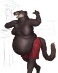  anthro arm_support belly belly_overhang big_belly bottomwear brown_body brown_fur cettus clothing english_text fur hi_res leaning leaning_on_elbow male mammal mink moobs mustelid musteline open_mouth outside overweight overweight_anthro pants shorts simple_background sketch sketch_background solo standing text topelss true_musteline white_background 