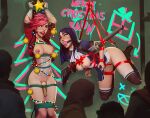  2girls arcane_caitlyn arcane_vi arms_behind_back ball_gag barbell_piercing bdsm blue_eyes blue_hair blush bondage bound breasts caitlyn_(league_of_legends) christmas_ornaments cleavage english_text gag gagged gloves gun hat league_of_legends long_hair merry_christmas multiple_girls nipple_bar nipple_piercing nipples piercing pink_hair public_indecency public_vibrator pussy red_ribbon restrained ribbon rifle rope sane-person sex_toy short_hair single_nipple_piercing star_(symbol) suspension traditional_media vi_(league_of_legends) vibrator weapon 