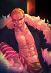  1boy absurdres ahi_tb black_shirt blonde_hair capri_pants character_name coat dark_background dated donquixote_doflamingo earrings feather_coat feet_out_of_frame head_rest highres jewelry looking_at_viewer male_focus muscular muscular_male night one_piece open_clothes pants pink_coat shirt short_hair sitting smirk sunglasses 
