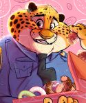  anthro benjamin_clawhauser cheetah disney eating felid feline hi_res looking_at_viewer lucasmolla male mammal police portrait slightly_chubby smile solo zootopia 