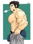  1boy abs absurdres artist_request ass bara black_hair blue_male_underwear breath bulge bulge_lift dressing facial_hair feet_out_of_frame fire_emblem fire_emblem:_the_sacred_stones from_side gilliam_(fire_emblem) goatee grey_pants highres i&#039;ve_never_seen_a_guy_recreate_this_successfully_tbh_(meme) large_pectorals long_sideburns male_focus male_underwear mature_male meme motion_lines muscular muscular_male navel_hair nipples open_pants pants pants_lift pectorals short_hair sideburns solo stomach thick_eyebrows thick_thighs thighs topless_male undersized_clothes underwear 