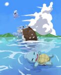  :d afloat blastoise closed_eyes cloud commentary_request day diving evolutionary_line highres lying no_humans on_back open_mouth outdoors pokemon pokemon_(creature) sky smile squirtle sun tomozo_(muginosukejr) wartortle water 
