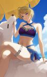  1girl absurdres ahoge alternate_costume beach_umbrella bikini blonde_hair blue_bikini blue_eyes breasts criss-cross_halter crossed_legs fire_emblem fire_emblem_engage halterneck highres looking_at_viewer merrin_(fire_emblem) pearlbbbb short_hair sitting_on_animal small_breasts smile solo swimsuit thighlet thighs umbrella wolf 