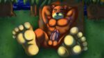  animal_crossing anthro balls barefoot bear bodily_fluids brown_body brown_fur erection exhibitionism feet foot_focus fur genitals hi_res humanoid_genitalia humanoid_penis male mammal musk night nintendo nipples nude outdoor_nudity outside penis resting seamaster solo sweat sweaty_feet teddy_(animal_crossing) toes 