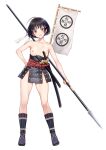  1girl :d armor black_hair brown_eyes commission flag full_body hand_up headband highres holding holding_polearm holding_weapon japanese_armor kanden_sky katana looking_at_viewer naked_armor nipples original pixiv_commission polearm sheath sheathed short_hair simple_background smile spear sword weapon white_background 