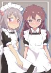  2boys absurdres blush brown_eyes commentary crossdressing embarrassed grey_background grey_eyes grey_hair hair_bobbles hair_ornament hairclip highres long_hair maid maid_headdress medium_hair multiple_boys namari_siro onii-chan_wa_oshimai! otoko_no_ko puffy_short_sleeves puffy_sleeves sakurada_yuuta senkawa_minato short_sleeves simple_background 