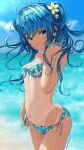  1girl aigami_kaon bikini blue_bikini blue_eyes blue_hair blue_sky cloud commentary_request floral_print flower garter-velvet hair_flower hair_ornament highres long_hair looking_at_viewer ocean one-piece_tan original side-tie_bikini_bottom sky solo standing swimsuit tan tanlines two_side_up water 