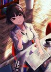  1girl absurdres bookshelf breasts brown_hair cup denim highres holding holding_pencil jeans looking_at_viewer mechanical_pencil niijima_makoto pants pencil pencil_case persona persona_5 red_eyes saucer short_hair sitting smile solo yuu_(primenumber7) 