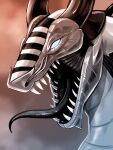  3:4 absurd_res ambiguous_gender black_body black_horn black_stripes black_tongue dragon glistening glistening_body grey_body hi_res horn imperatorcaesar machine mouth_shot open_mouth robot sharp_teeth simple_background solo striped_body stripes teeth tongue tongue_out white_body white_stripes 