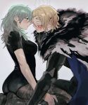  1boy 1girl blonde_hair blue_cape blue_eyes blush breasts byleth_(fire_emblem) cape covering_another&#039;s_eyes dimitri_alexandre_blaiddyd fire_emblem fire_emblem:_three_houses fur_trim green_skirt grey_hair highres neekosiah nervous pantyhose scar scar_on_arm short_sleeves simple_background skirt steam sweatdrop white_background 