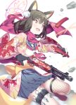  1girl :d animal_ear_fluff animal_ears black_gloves black_hair black_skirt blue_archive commentary_request eyeshadow finger_on_trigger fingerless_gloves fishnet_thighhighs fishnets fox_ears fox_girl fox_hair_ornament fox_tail gloves gun hadanugi_dousa hair_ornament halo holding holding_gun holding_magazine_(weapon) holding_weapon izuna_(blue_archive) japanese_clothes kunai long_sleeves magazine_(weapon) makeup medium_hair ninja one_side_up orange_eyes pleated_skirt pom_pom_(clothes) pom_pom_hair_ornament red_eyeshadow red_scarf reloading rope scarf school_uniform serafuku shimenawa sidelocks simple_background single_thighhigh skirt sleeveless smile solo standing standing_on_one_leg submachine_gun tail takano_itsuki thigh_strap thighhighs type_100 weapon wide_sleeves 