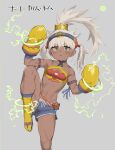  1girl ahoge atte_nanakusa bandeau blush boxing_gloves breasts commentary_request concept_art dark-skinned_female dark_skin eiyuu_senki eiyuu_senki_ww electricity fighting_stance foot_out_of_frame foot_wraps green_eyes grey_background headband huge_ahoge leg_up long_hair looking_at_viewer muscular muscular_female nai_khanom_tom_(eiyuu_senki) official_art short_shorts shorts simple_background small_breasts solo standing standing_on_one_leg toned triangle_mouth twintails white_hair 