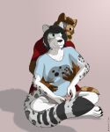  anthro breast_grab breasts clothed clothing controller crossed_legs domestic_ferret duo felid feline female gaming grabbing grabbing_from_behind hand_on_breast hi_res male male/female mammal mustelid musteline pantherine shirt snow_leopard t-shirt topwear true_musteline weasel weaselclaw werther 