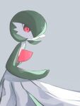  1girl absurdres bob_cut closed_mouth colored_skin commentary expressionless flat_chest from_side gardevoir green_hair green_skin grey_background hair_over_one_eye hand_up highres mame_(pixiv_57985908) multicolored_skin one_eye_covered pokemon pokemon_(creature) red_eyes short_hair simple_background solo standing two-tone_skin white_skin 