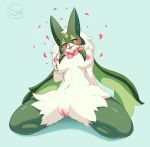  2023 anthro areola bedroom_eyes black_eyebrows black_eyelashes black_pupils blep blush body_blush breast_grab breasts digital_media_(artwork) eyebrows eyelashes female front_view fur generation_9_pokemon genitals green_body green_fur half-closed_eyes hand_on_breast hand_on_own_breast hi_res holding_breast kneeling looking_at_viewer meowscarada narrowed_eyes navel nintendo nipples nude petals pink_areola pink_eyes pink_nipples pink_nose pink_tongue pokemon pokemon_(species) pupils pussy pussy_blush rose_petals seductive signature simple_background skandiniwi smile solo spread_legs spreading tongue tongue_out 