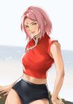  1girl absurdres bare_arms bare_shoulders bird black_shorts breasts cowboy_shot crop_top facial_mark forehead_mark green_eyes haruno_sakura highres looking_at_viewer mandarin_collar medium_breasts medium_hair meoowwxx midriff naruto_(series) parted_bangs parted_lips pink_hair red_shirt shirt shorts smile solo 