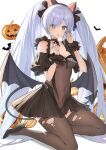  1girl absurdres animal_ears aqua_eyes azur_lane bat_wings black_choker black_dress black_footwear black_thighhighs blue_eyes blue_hair blush breasts cat_ears choker covered_navel demon_tail dress fake_animal_ears frills hair_over_one_eye halloween_costume hands_up high_heels highres janus_(azur_lane) janus_(fright-night_scaredy-cat)_(azur_lane) light_blue_hair long_hair official_alternate_costume pumpkin scrunchie see-through simple_background small_breasts solo tail thighhighs torn_clothes torn_thighhighs twintails user_uhnn3752 very_long_hair white_background wings 