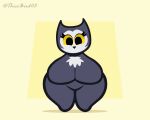  anthro armless avian beak big_breasts bird black_body black_pupils breasts eyelashes female fur huge_breasts nude owl pupils simple_background solo standing thiccbird05 thick_thighs white_body white_face white_fur yellow_background yellow_eyes 