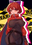  1girl adapted_costume akatsuki_records black_bodysuit bodysuit bow breasts cape caution_tape commentary_request covered_nipples cowboy_shot hair_bow highres large_breasts long_sleeves looking_at_viewer parted_lips purple_bow qwas69 red_cape red_eyes red_hair rock_&#039;n&#039;_rock_&#039;n&#039;_beat sekibanki short_hair solo thighhighs touhou zipper 
