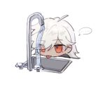  ... 1boy :p cat_under_faucet_(meme) chibi cyno_(genshin_impact) dark-skinned_male dark_skin eh_neg00 eyes_visible_through_hair faucet genshin_impact hair_over_one_eye highres leaning long_hair looking_at_object male_focus meme red_eyes simple_background sink solo tongue tongue_out white_background white_hair 
