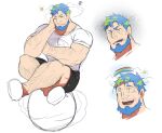  1boy :d annoyed aqua_hair arm_hair bara black_shorts collage confused crescent_moon cropped_shoulders ducka98 earth-chan earth-ojisan earth_(planet) expressions facial_hair full_body genderswap genderswap_(ftm) goatee gradient_hair green_hair hairy happy large_pectorals leg_hair male_focus mature_male moon multicolored_hair muscular muscular_male nasa nasa_logo old old_man original parody pectorals planet rainbow short_hair shorts sideburns sitting sketch smile stomach storm sun thunder 