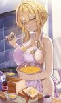  1girl apron bare_shoulders blonde_hair bowl bread breasts cleavage cooking food genshin_impact hair_between_eyes highres holding holding_bowl holding_whisk kitchen large_breasts looking_at_viewer lumine_(genshin_impact) naked_apron o-los short_hair short_hair_with_long_locks sidelocks smile solo whisk yellow_eyes 