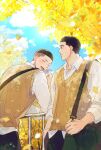  2boys :d absurdres bag black_eyes black_hair blue_sky buzz_cut closed_eyes closed_mouth dappled_sunlight day falling_leaves fukatsu_kazunari ginkgo_leaf ginkgo_tree green_bag highres holding holding_bag leaf long_sleeves looking_at_another male_focus multiple_boys open_mouth outdoors sawakita_eiji shirt short_hair sky slam_dunk_(series) sleeves_rolled_up smile sunlight sweater_vest tree undercut very_short_hair white_shirt xktnjrxgvdrd3hy yellow_sweater_vest 