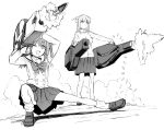  2girls bocchi_the_rock! bow bowtie gotoh_hitori greyscale highres jacket kita_ikuyo leg_warmers loafers long_hair long_sleeves monochrome multiple_girls one_side_up open_mouth parody pleated_skirt sadamatsu_ryuuichi school_uniform shoes skirt standing track_jacket 