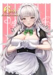  1girl absurdres alternate_costume anniversary apron azur_lane black_shirt black_skirt blunt_bangs blush bow bowtie braid breasts buran_(22x) cleavage commentary_request cowboy_shot detached_collar enmaided gloves green_bow green_bowtie grey_eyes grey_hair hair_intakes heart heart_hands highres large_breasts long_hair looking_at_viewer maid maid_apron maid_headdress open_mouth partial_commentary puffy_short_sleeves puffy_sleeves shirt short_sleeves sidelocks skirt solo standing twin_braids very_long_hair vittorio_veneto_(azur_lane) white_apron white_gloves 