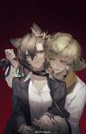  2girls absurdres akechi_(826988799) animal_ears arknights bdsm behind_another black_jacket blonde_hair brown_hair collared_shirt cuffs earrings facing_viewer fur-trimmed_sleeves fur_trim gradient_background hair_between_eyes hand_grab handcuffs hands_up highres holding holding_leash jacket jewelry leash long_hair long_sleeves looking_to_the_side mole_above_eye ms._newbabel multiple_girls necklace open_mouth penance_(arknights) red_background reverse:1999 rope_around_neck shirt short_hair sweat swept_bangs upper_body weibo_logo weibo_username white_jacket white_shirt wolf_ears wolf_girl yellow_eyes yuri 