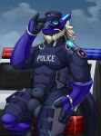  animal_genitalia anthro balls big_balls car clothed clothing digital_media_(artwork) dragon eastern_dragon genitals gun hair handgun hi_res kobold looking_at_another looking_at_viewer male muscular muscular_anthro muscular_male piercing police police_car police_uniform ranged_weapon ring_piercing sheath solo synth_(vader-san) tail tall_lizzard_(artist) tipping_hat topwear uniform vehicle weapon 