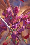  1other absurdres armor digimon digimon_(creature) falling_petals highres holding holding_sword holding_weapon knight lordknightmon lordknightmon_x-antibody nigreenwalker other_focus outdoors petals rose_petals solo sword weapon 