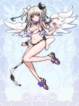  1girl arisaka_u bikini blue_background bow breasts chain_paradox chloe_blanche choker full_body gradient_hair hair_bow highres light_smile long_hair looking_at_viewer multicolored_hair navel purple_eyes purple_nails sandals small_breasts smile swimsuit white_wings wings 