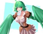  1girl ahoge belt blue_background blush breasts cleavage closed_eyes commentary feathered_wings feathers green_feathers green_hair green_wings harpy heart_stickers highres large_breasts mail medium_hair messy_hair monster_girl mouth_hold original pleated_skirt short_sleeves skirt solo twitter_username two-tone_background white_background white_skirt winged_arms wings xynian_arts 