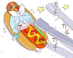  &gt;_&lt; 1girl arona_(blue_archive) blue_archive blue_hair blue_halo blush braid chibi closed_eyes hair_over_one_eye hair_ribbon hairband halo highres hot_dog_costume light_blue_hair lying multicolored_hair naga_u on_back open_mouth pink_hair ribbon short_hair side_braid single_braid solo sound_effects two-tone_hair wavy_mouth white_hairband white_ribbon 