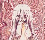 1girl @_@ abstract_background blush covered_mouth covering_mouth hair_between_eyes halo hand_to_own_mouth hands_up kanikan long_hair long_sleeves looking_at_viewer monochrome original pill red_theme solo straight-on tears upper_body 