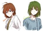  1boy 1girl ahoge brown_eyes brown_hair brown_shirt coat giovanni_(project_moon) green_hair hair_ornament hairclip hospital_gown kitakawayui lab_coat lobotomy_corporation medium_hair michelle_(project_moon) project_moon shirt simple_background sweat upper_body white_background white_coat 